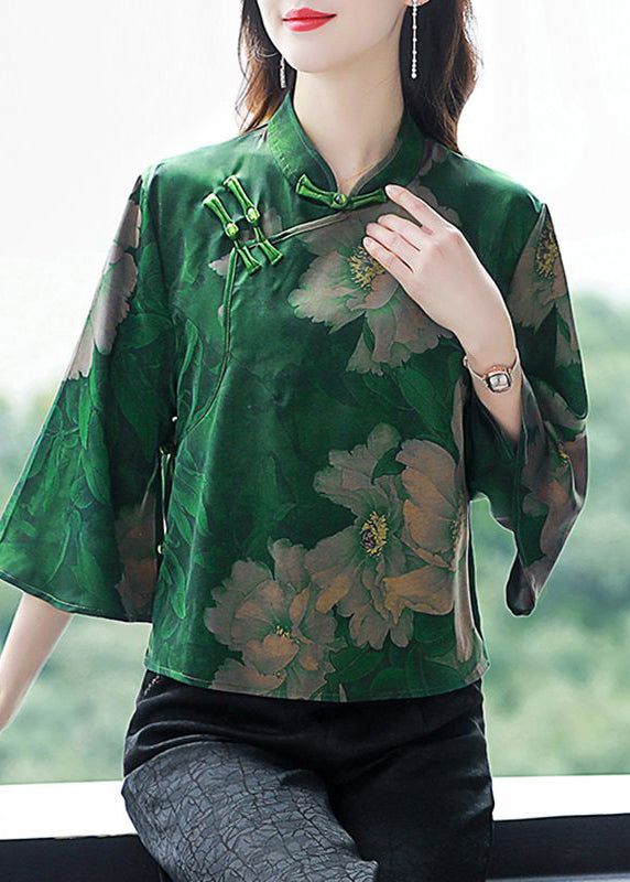 Retro Green Print Chinese Button Silk Blouses Flare Sleeve LY3718 - fabuloryshop