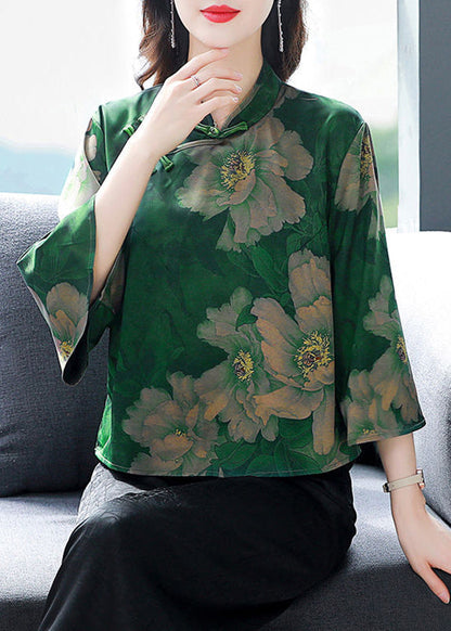 Retro Green Print Chinese Button Silk Blouses Flare Sleeve LY3718 - fabuloryshop