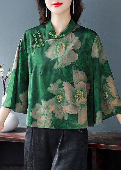 Retro Green Print Chinese Button Silk Blouses Flare Sleeve LY3718 - fabuloryshop