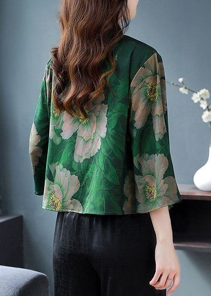 Retro Green Print Chinese Button Silk Blouses Flare Sleeve LY3718 - fabuloryshop