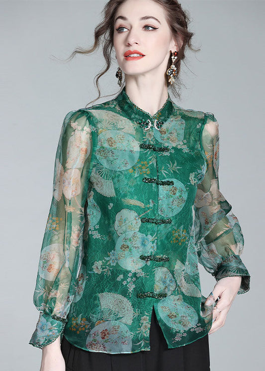 Retro Green Print Patchwork Zircon Chinese Button Silk Blouse Top Spring LY0151 - fabuloryshop