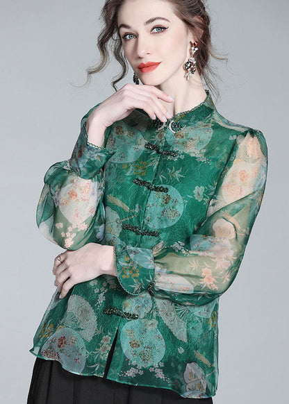 Retro Green Print Patchwork Zircon Chinese Button Silk Blouse Top Spring LY0151 - fabuloryshop