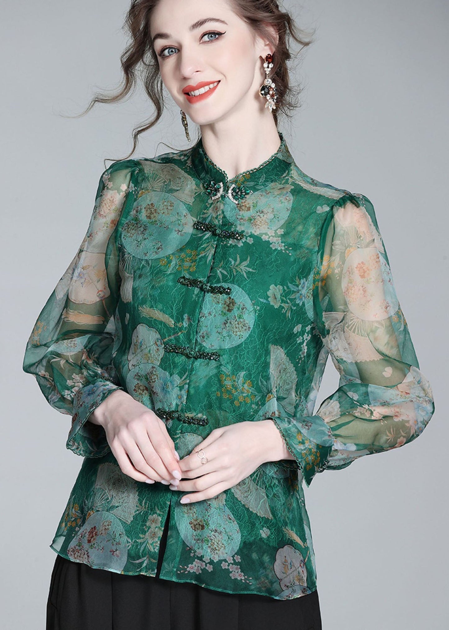 Retro Green Print Patchwork Zircon Chinese Button Silk Blouse Top Spring LY0151 - fabuloryshop