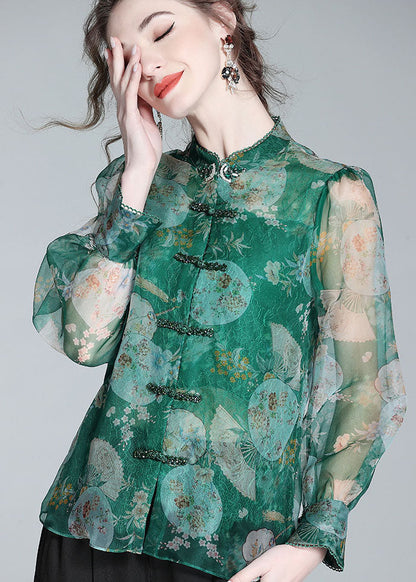 Retro Green Print Patchwork Zircon Chinese Button Silk Blouse Top Spring LY0151 - fabuloryshop