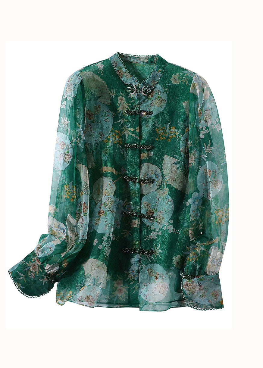 Retro Green Print Patchwork Zircon Chinese Button Silk Blouse Top Spring LY0151 - fabuloryshop