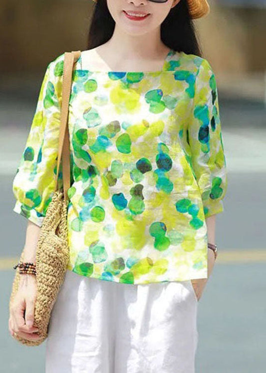 Retro Green Square Collar Print Patchwork Cotton Tops Summer LY2914 - fabuloryshop