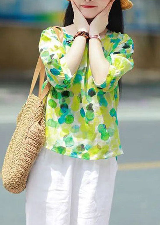Retro Green Square Collar Print Patchwork Cotton Tops Summer LY2914