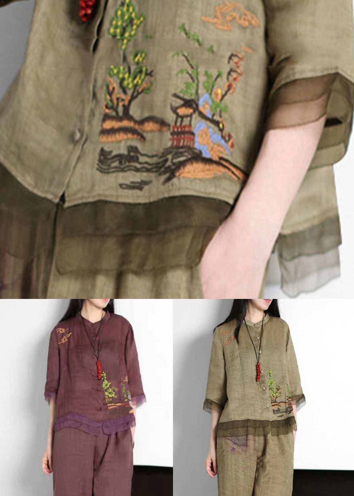 Retro Green Stand Collar Button Embroideried Patchwork Linen Top Summer LY5155 - fabuloryshop