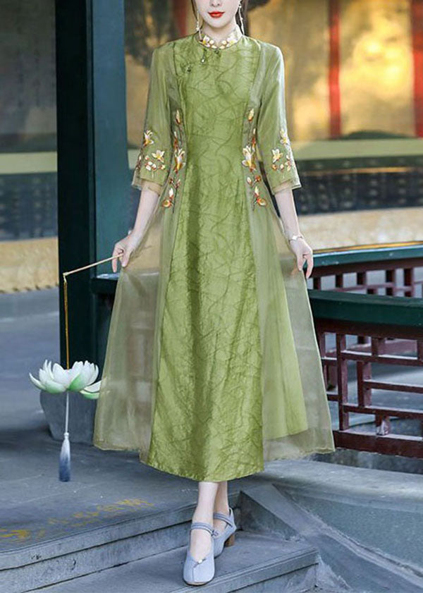 Retro Green Stand Collar Embroideried Patchwork Silk Dresses Spring LY1678 - fabuloryshop