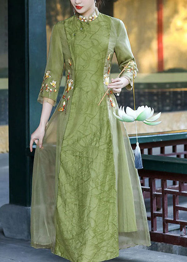 Retro Green Stand Collar Embroideried Patchwork Silk Dresses Spring LY1678 - fabuloryshop