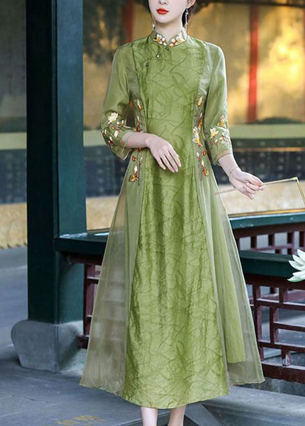 Retro Green Stand Collar Embroideried Patchwork Silk Dresses Spring LY1678 - fabuloryshop