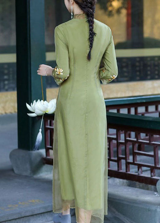 Retro Green Stand Collar Embroideried Patchwork Silk Dresses Spring LY1678 - fabuloryshop