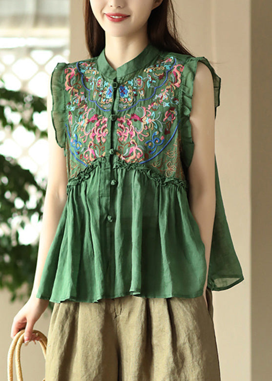 Retro Green Stand Collar Patchwork Ramie Top Sleeveless LY5048 - fabuloryshop