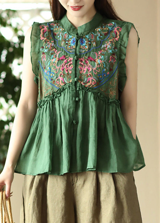 Retro Green Stand Collar Patchwork Ramie Top Sleeveless LY5048 - fabuloryshop