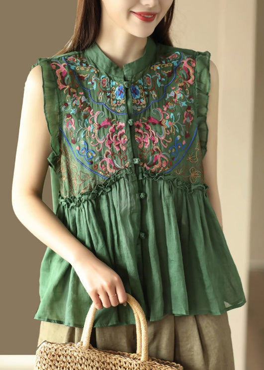 Retro Green Stand Collar Patchwork Ramie Top Sleeveless LY5048 - fabuloryshop