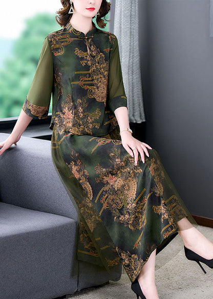 Retro Green Stand Collar Print Tops And Skirts Patchwork Silk Two Piece Set Summer LY5964 Ada Fashion