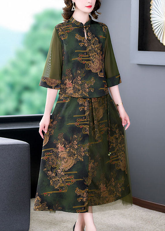 Retro Green Stand Collar Print Tops And Skirts Patchwork Silk Two Piece Set Summer LY5964 Ada Fashion