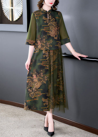 Retro Green Stand Collar Print Tops And Skirts Patchwork Silk Two Piece Set Summer LY5964 Ada Fashion