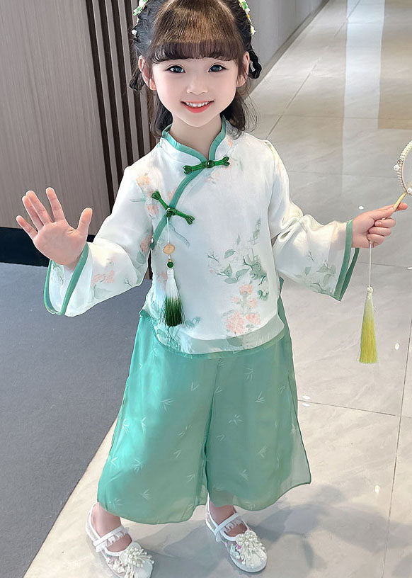 Retro Green Tasseled Chinese Button Patchwork Chiffon Baby Girls Two Pieces Set Long Sleeve LY6525 - fabuloryshop