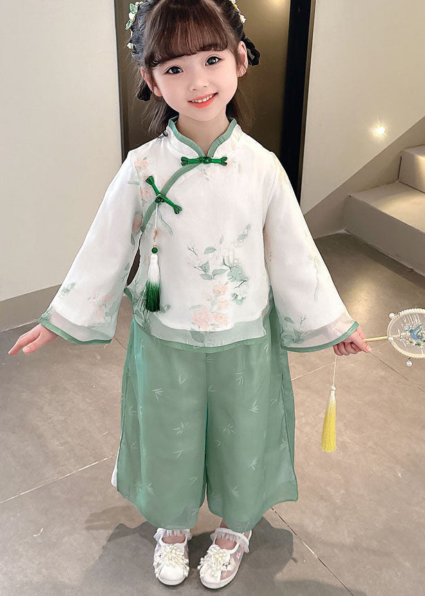Retro Green Tasseled Chinese Button Patchwork Chiffon Baby Girls Two Pieces Set Long Sleeve LY6525 - fabuloryshop