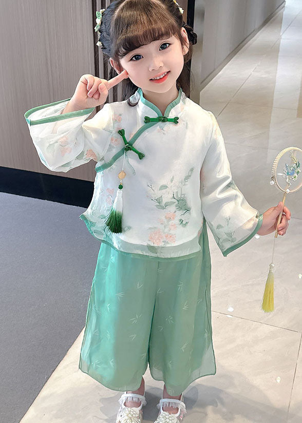 Retro Green Tasseled Chinese Button Patchwork Chiffon Baby Girls Two Pieces Set Long Sleeve LY6525 - fabuloryshop