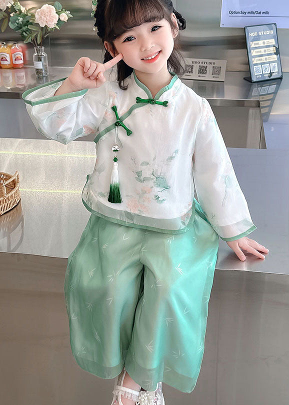Retro Green Tasseled Chinese Button Patchwork Chiffon Baby Girls Two Pieces Set Long Sleeve LY6525 - fabuloryshop