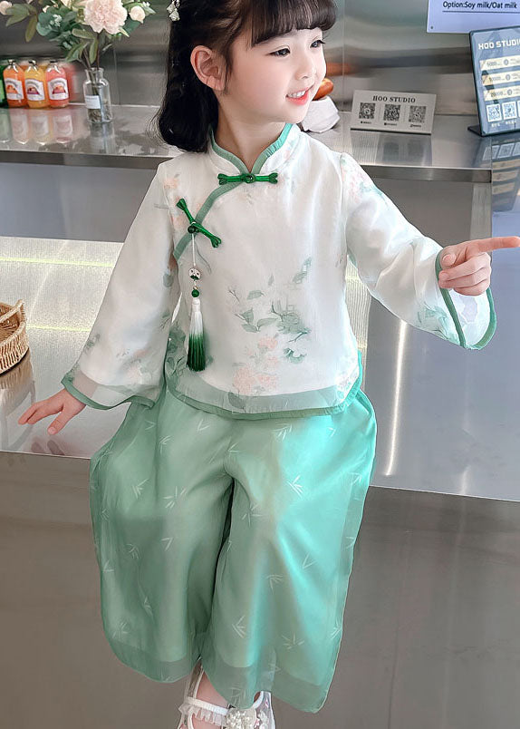 Retro Green Tasseled Chinese Button Patchwork Chiffon Baby Girls Two Pieces Set Long Sleeve LY6525 - fabuloryshop