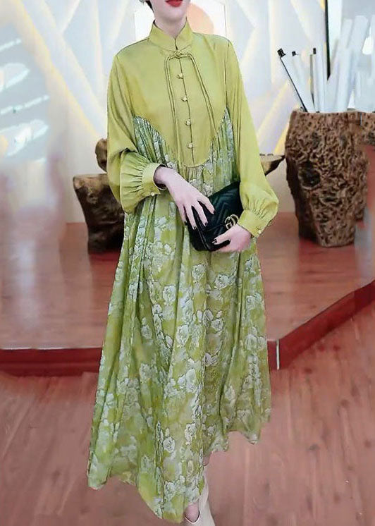 Retro Green Tasseled Wrinkled Print Patchwork Silk Long Dresses Spring LY4616 - fabuloryshop