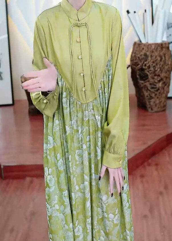 Retro Green Tasseled Wrinkled Print Patchwork Silk Long Dresses Spring LY4616 - fabuloryshop