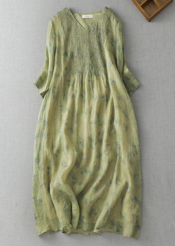 Retro Green V Neck Print Wrinkled Patchwork Linen Dress Summer Ada Fashion