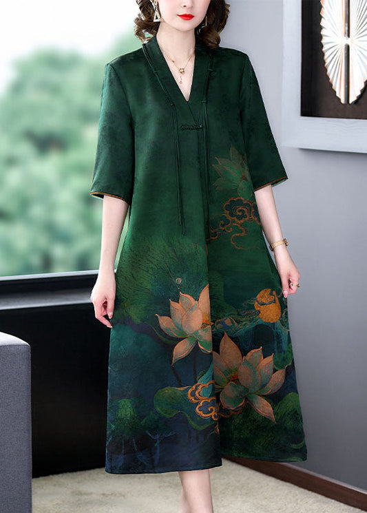 Retro Green V Neck Tasseled Print Patchwork Silk Dress Summer LY5915 - fabuloryshop