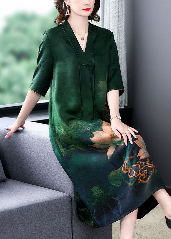 Retro Green V Neck Tasseled Print Patchwork Silk Dress Summer LY5915 - fabuloryshop