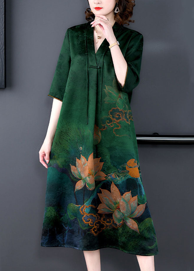 Retro Green V Neck Tasseled Print Patchwork Silk Dress Summer LY5915 - fabuloryshop