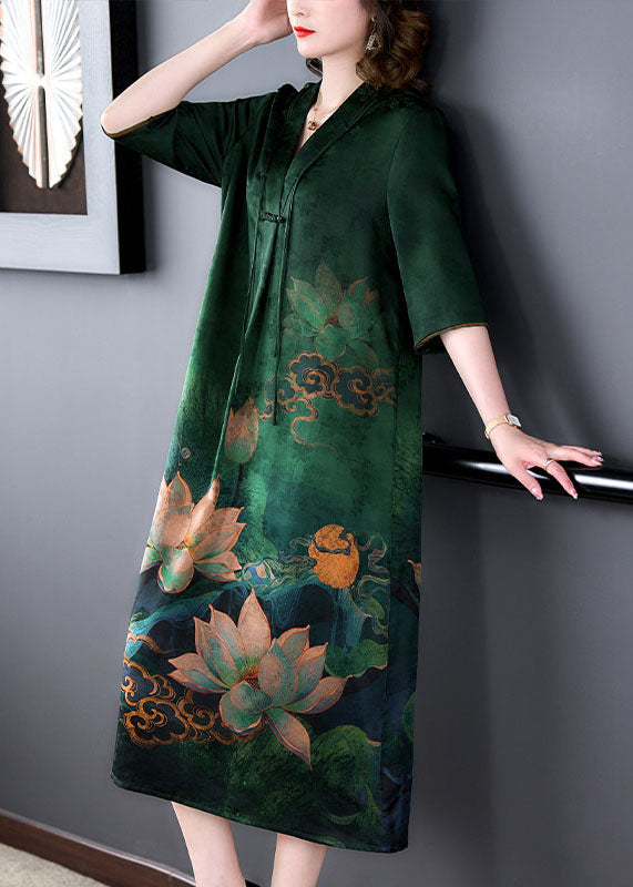 Retro Green V Neck Tasseled Print Patchwork Silk Dress Summer LY5915 - fabuloryshop