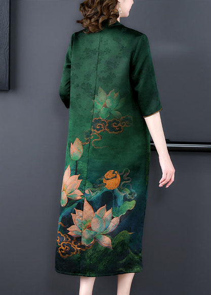 Retro Green V Neck Tasseled Print Patchwork Silk Dress Summer LY5915 - fabuloryshop