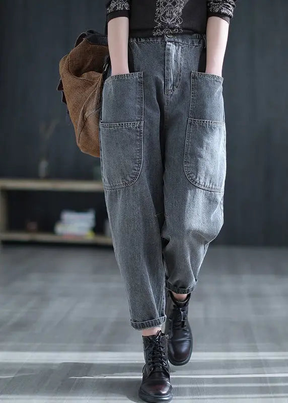 Retro Grey Patchwork Elastic Waist Crop Jeans Summer Ada Fashion