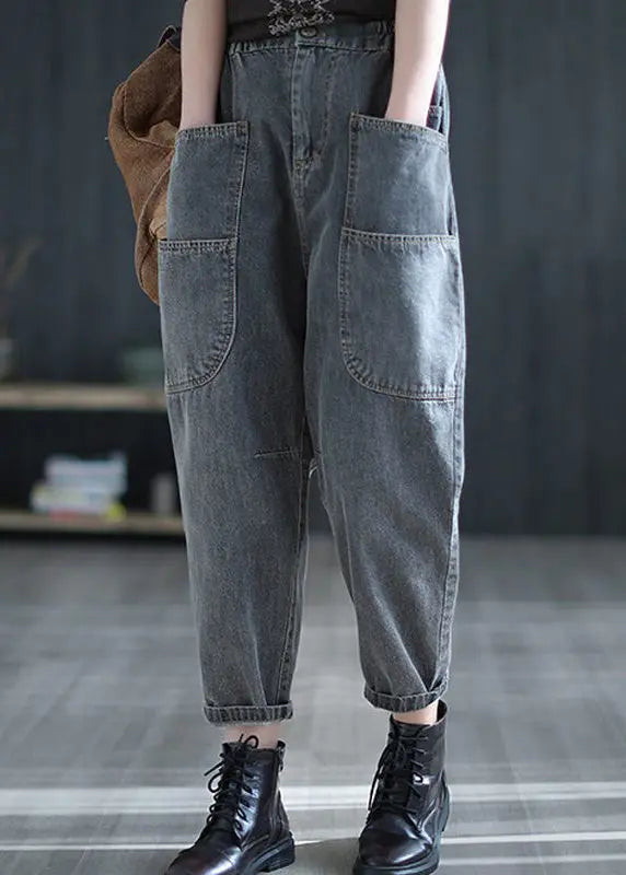 Retro Grey Patchwork Elastic Waist Crop Jeans Summer Ada Fashion