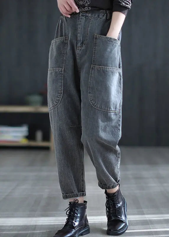 Retro Grey Patchwork Elastic Waist Crop Jeans Summer Ada Fashion