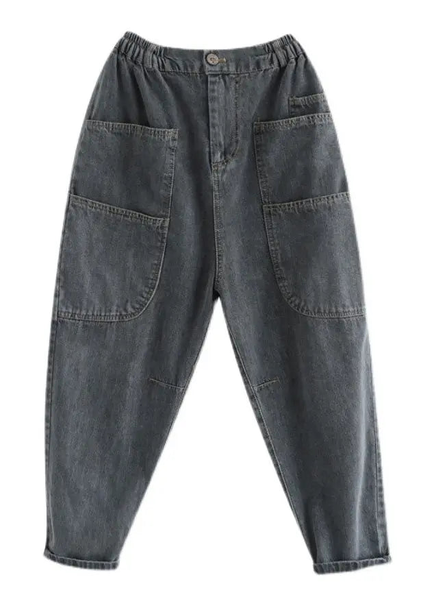 Retro Grey Patchwork Elastic Waist Crop Jeans Summer Ada Fashion