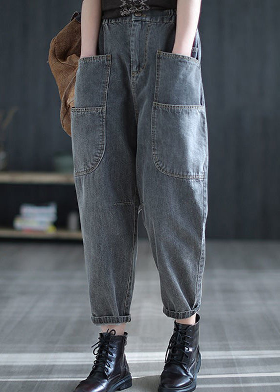 Retro Grey Patchwork Elastic Waist Crop Jeans Summer TY1044 - fabuloryshop