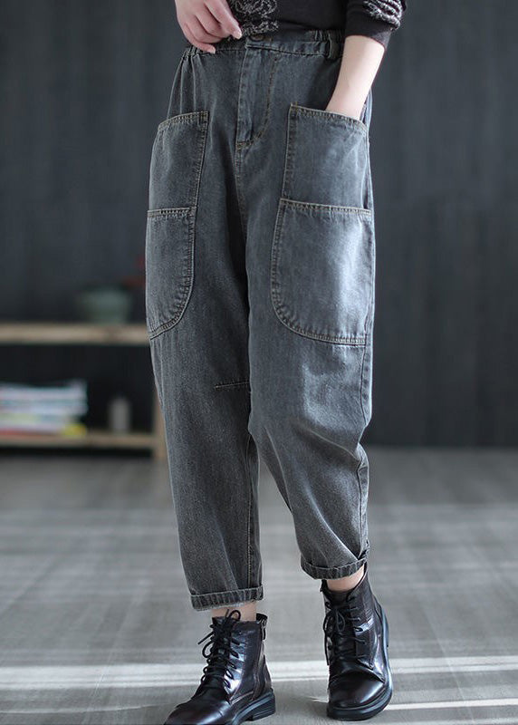 Retro Grey Patchwork Elastic Waist Crop Jeans Summer TY1044 - fabuloryshop