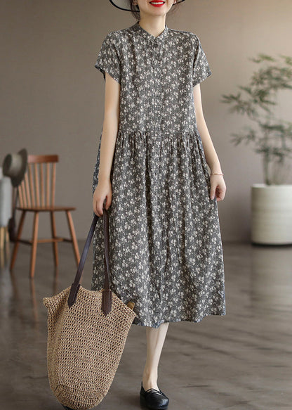 Retro Grey Stand Collar Print Long Dresses Summer LY4506 - fabuloryshop