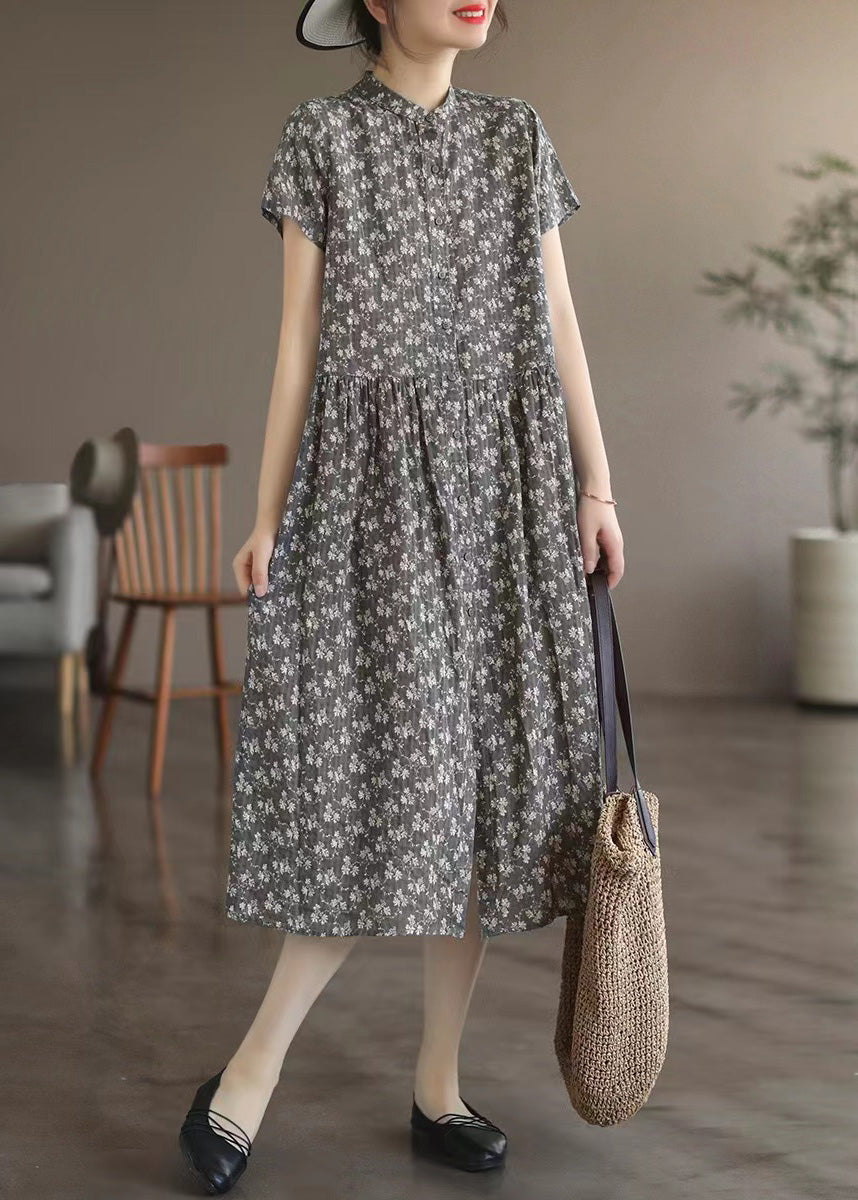 Retro Grey Stand Collar Print Long Dresses Summer LY4506 - fabuloryshop