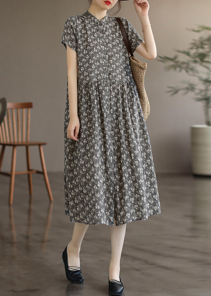 Retro Grey Stand Collar Print Long Dresses Summer LY4506 - fabuloryshop