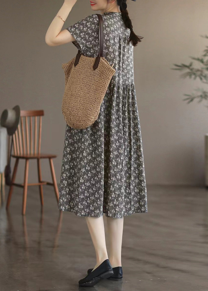 Retro Grey Stand Collar Print Long Dresses Summer LY4506 - fabuloryshop