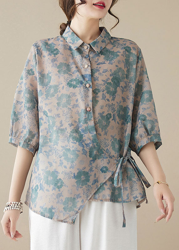 Retro Ick Green Peter Pan Collar Print Patchwork Cotton Shirts Summer LY4015 - fabuloryshop