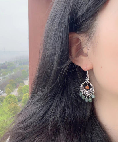 Retro Jade Tassel Hollow Out Silver Drop Earrings LY9177 Ada Fashion