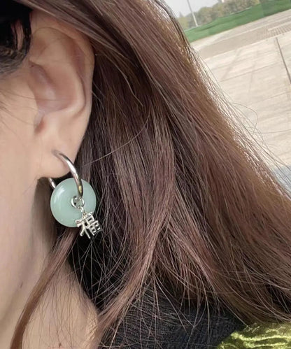 Retro Light Green Copper Jade Graphic Circle Hoop Earrings Ada Fashion