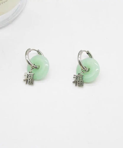 Retro Light Green Copper Jade Graphic Circle Hoop Earrings Ada Fashion