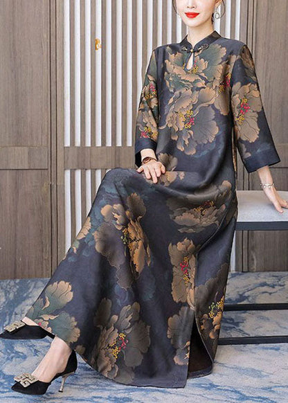 Retro Mandarin Collar Print Silk Long Dresses Caftan Spring LY1707 - fabuloryshop